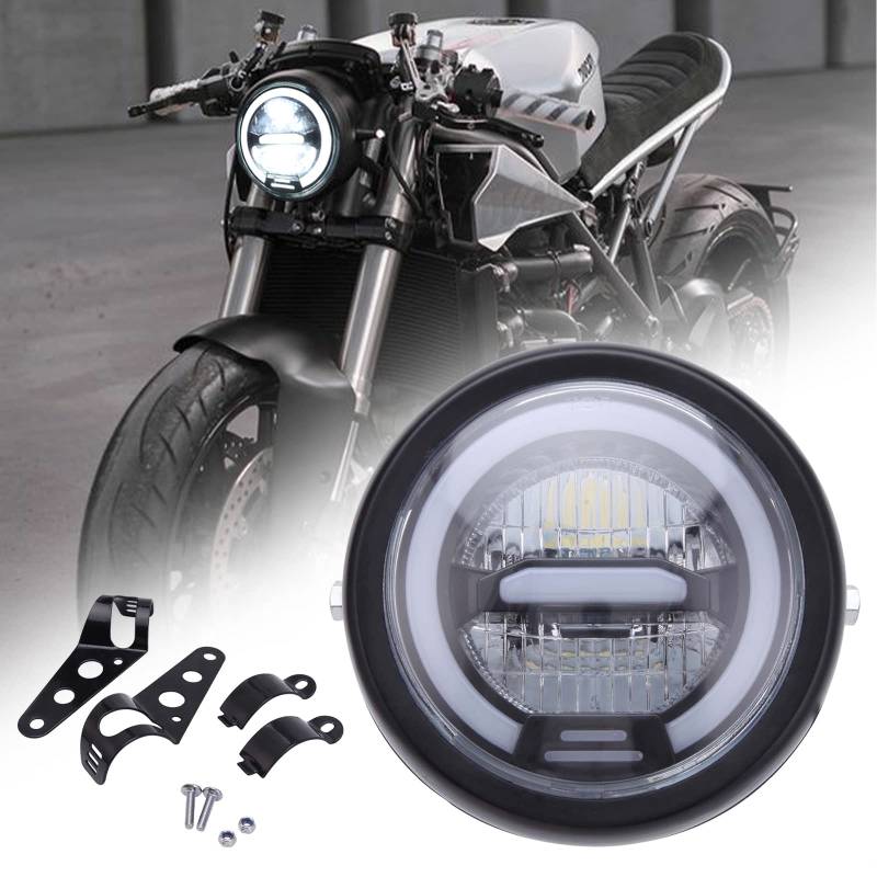 JMTBNO 6.5" Motorrad LED Frontscheinwerfer Schwarz 12V Universal Scheinwerfer Weißes Halo Lauflicht mit Halterung Kompatibel mit Honda Yamaha Suzuki Harley Cruiser Bobber Chopper Cafe Racer Retro von JMTBNO