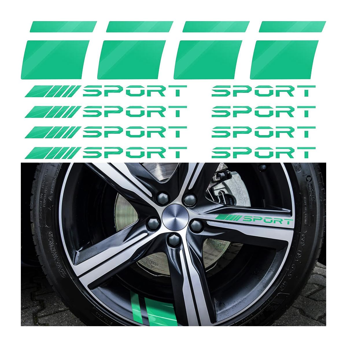 JNNJ 12PCS Reifen-Sport-Logo-Emblem-Streifen, Auto Reifen Buchstaben Gummi Aufkleber, Reflektierende Aufkleber für Autofelgen, Reifen Felge Sicherheit Zubehör(Grün) von JNNJ