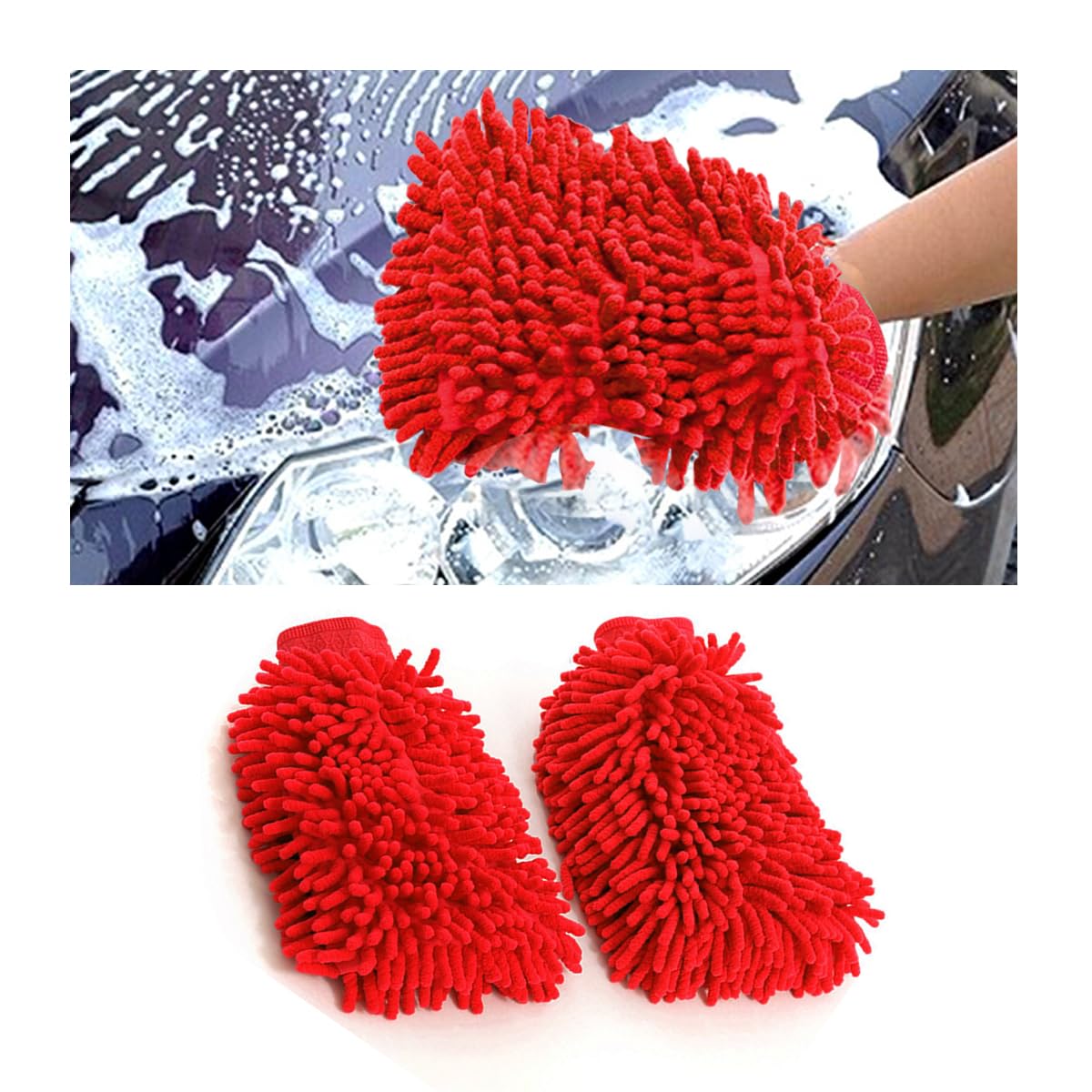 JNNJ 2 PCS Autowaschhandschuh, Mikrofaser Waschhandschuh Auto, Außen Zottel-Waschhandschuh für Professionelle Autopflege - 100% kratzfrei & schonend, Entfernt Mühelos hartnäckigen Schmutz(Rot) von JNNJ
