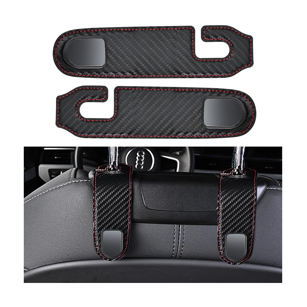 JNNJ 2 Stück Automotive Lagerung Tasche Haken, Universal Versteckte Leder Auto Handtasche Haken, Universal Auto Rücksitz Kopfstütze Aufhänger für Handtasche(Kohlefaser) von JNNJ