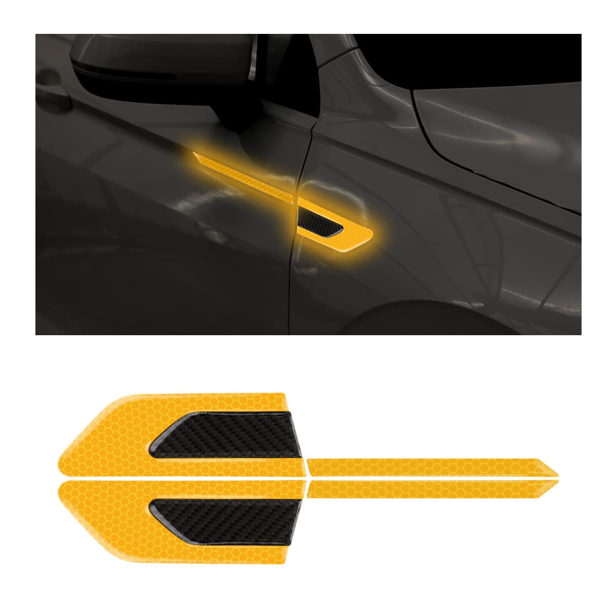 JNNJ 2PCS Kohlefaser Auto Reflektierende Aufkleber, 3D Hohe Intensität Nachtsicht Aufkleber, Reflektierende Auto-Kotflügel-Streifen, Sicherheitswarnung für Auto(Gelb) von JNNJ