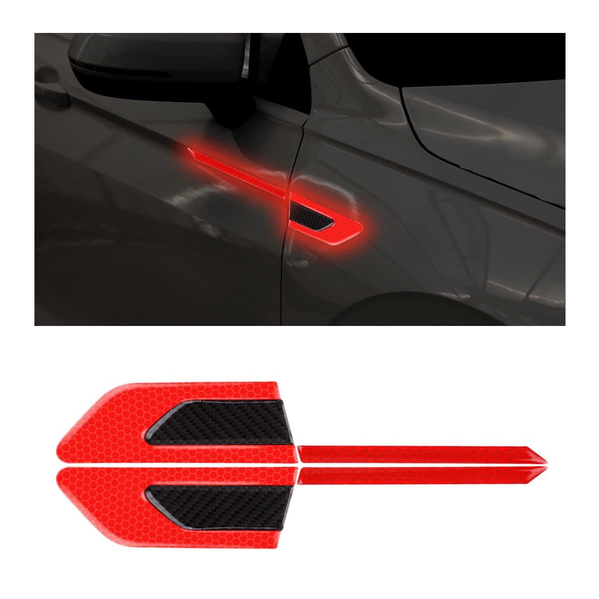 JNNJ 2PCS Kohlefaser Auto Reflektierende Aufkleber, 3D Hohe Intensität Nachtsicht Aufkleber, Reflektierende Auto-Kotflügel-Streifen, Sicherheitswarnung für Auto(Rot) von JNNJ