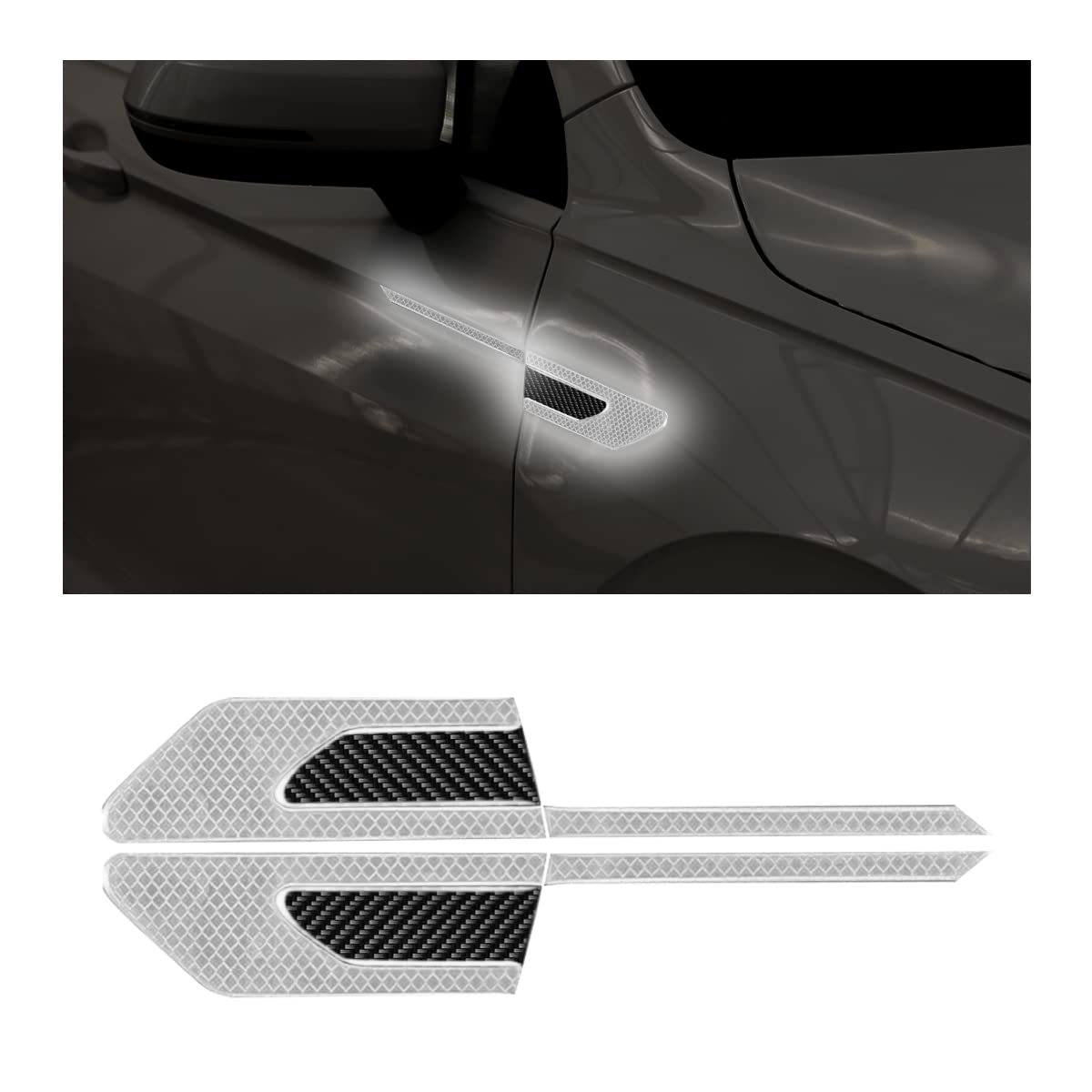 JNNJ 2PCS Kohlefaser Auto Reflektierende Aufkleber, 3D Hohe Intensität Nachtsicht Aufkleber, Reflektierende Auto-Kotflügel-Streifen, Sicherheitswarnung für Auto(Weiß) von JNNJ