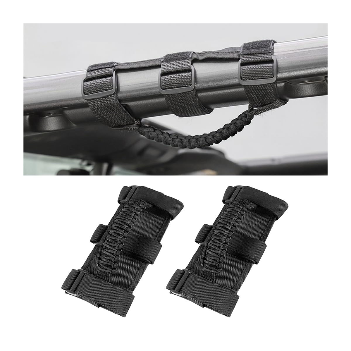 JNNJ 2Pcs Auto Haltegriffe, Paracord Haltegriffe für Überrollbügel mit 3 Gurten, Überrollbügel Haltegriffe Griff Stark Langlebig, Rücksitz-Haltegriffe für Die Meisten Autos(Schwarz) von JNNJ