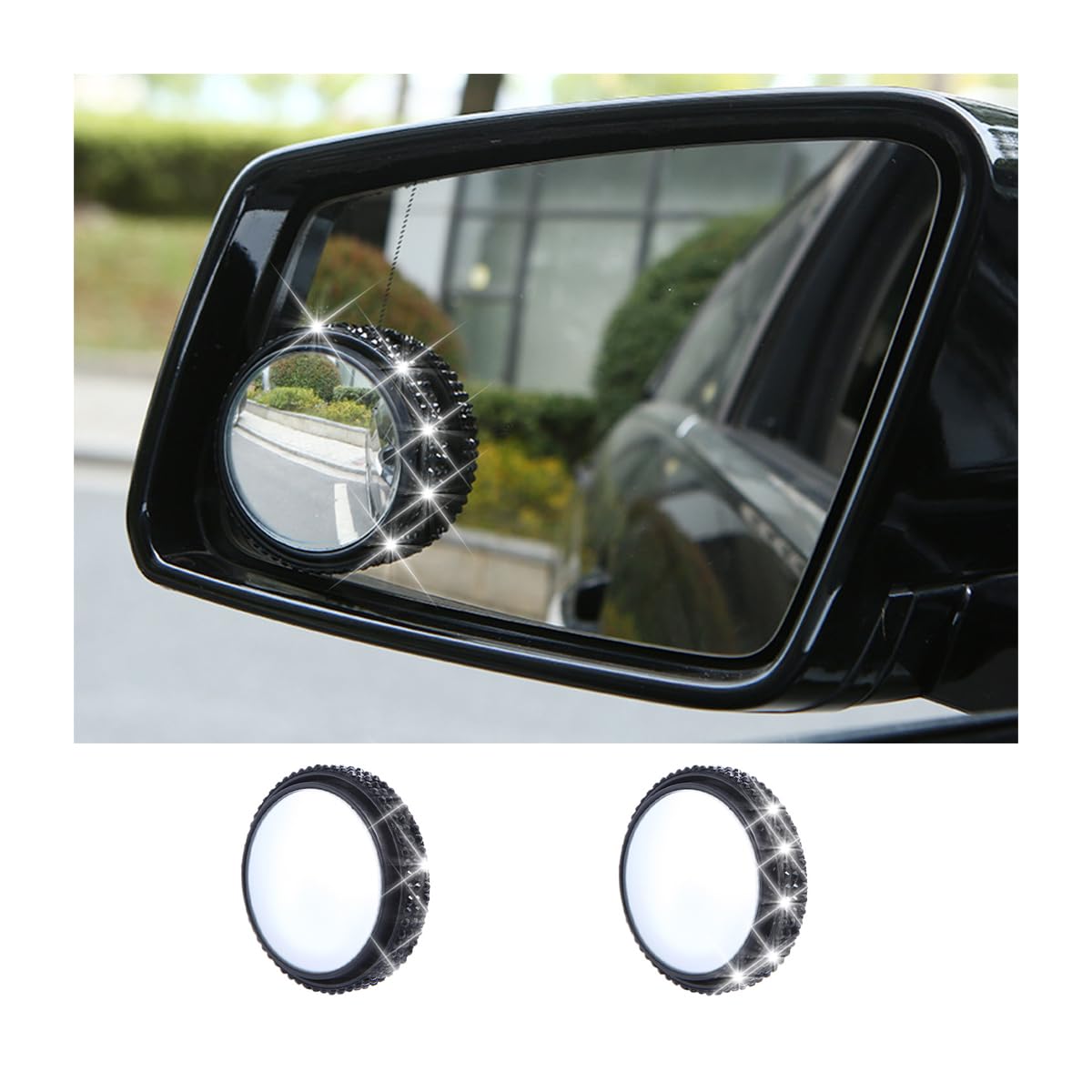 JNNJ 2Pcs Bling Strass Diamant Runder Toter Winkel Autospiegel, 360 ° Drehbarer Verstellbarer HD-Glas-Spiegel, Rückspiegel Universelle für Autos SUV LKW(Schwarz) von JNNJ