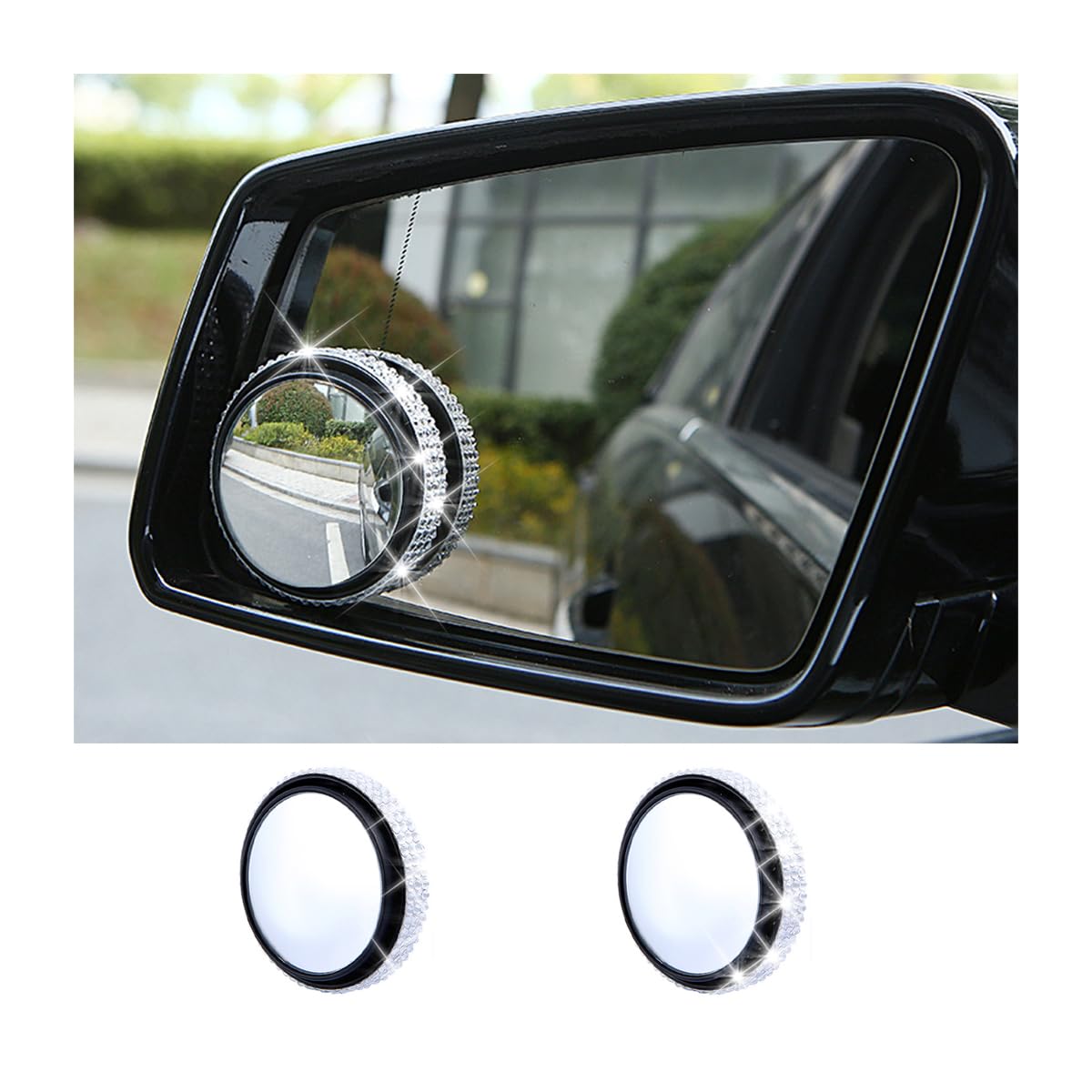 JNNJ 2Pcs Bling Strass Diamant Runder Toter Winkel Autospiegel, 360 ° Drehbarer Verstellbarer HD-Glas-Spiegel, Rückspiegel Universelle für Autos SUV LKW(Weiß) von JNNJ