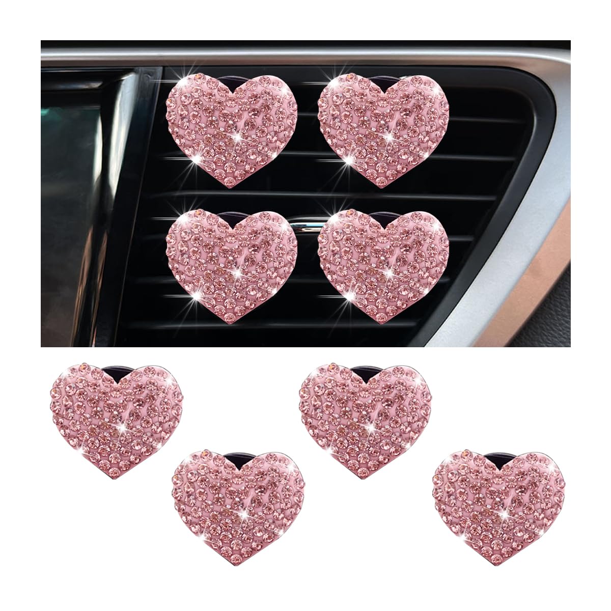 JNNJ 4 Pcs Herzförmige Lufterfrischer Clips, Strass Auto Lufterfrischer Vent Clip, Bling Lufterfrischer Clips, Auto Aromatherapie Car Air Freshener Clips(Rosa) von JNNJ