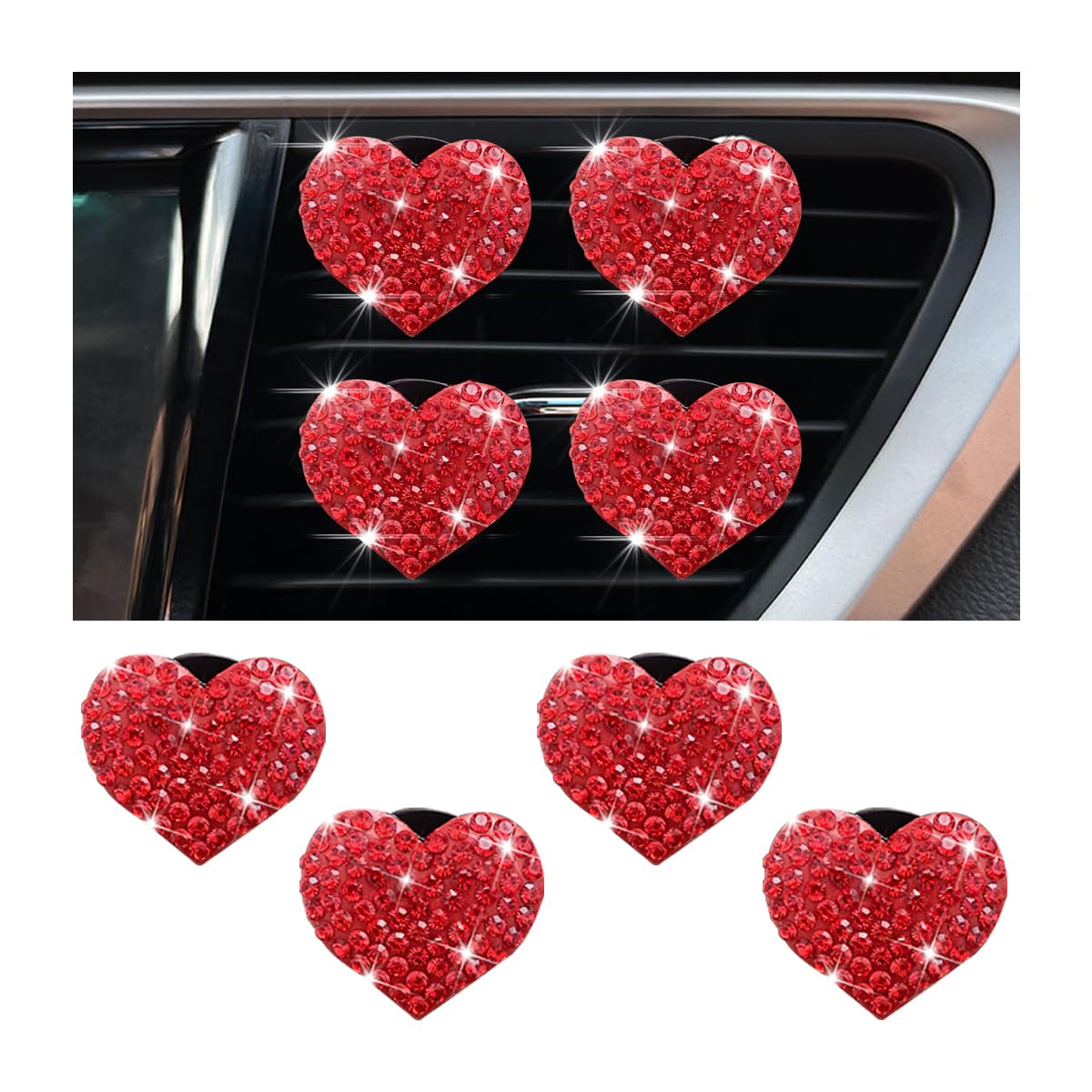 JNNJ 4 Pcs Herzförmige Lufterfrischer Clips, Strass Auto Lufterfrischer Vent Clip, Bling Lufterfrischer Clips, Auto Aromatherapie Car Air Freshener Clips(Rot) von JNNJ