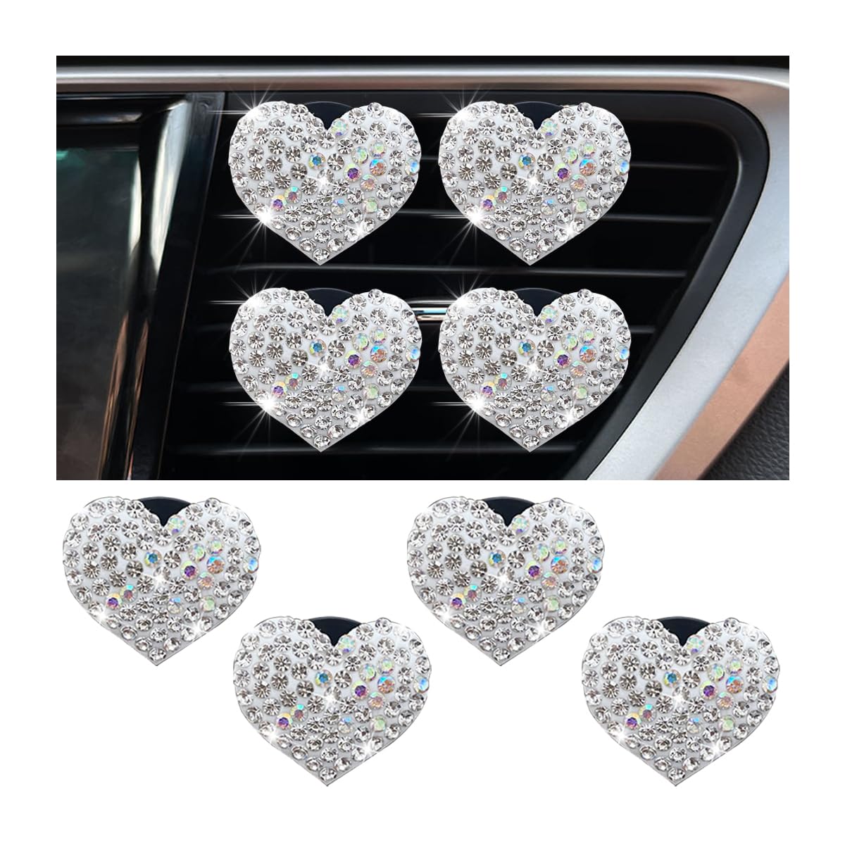 JNNJ 4 Pcs Herzförmige Lufterfrischer Clips, Strass Auto Lufterfrischer Vent Clip, Bling Lufterfrischer Clips, Auto Aromatherapie Car Air Freshener Clips(Weiß) von JNNJ