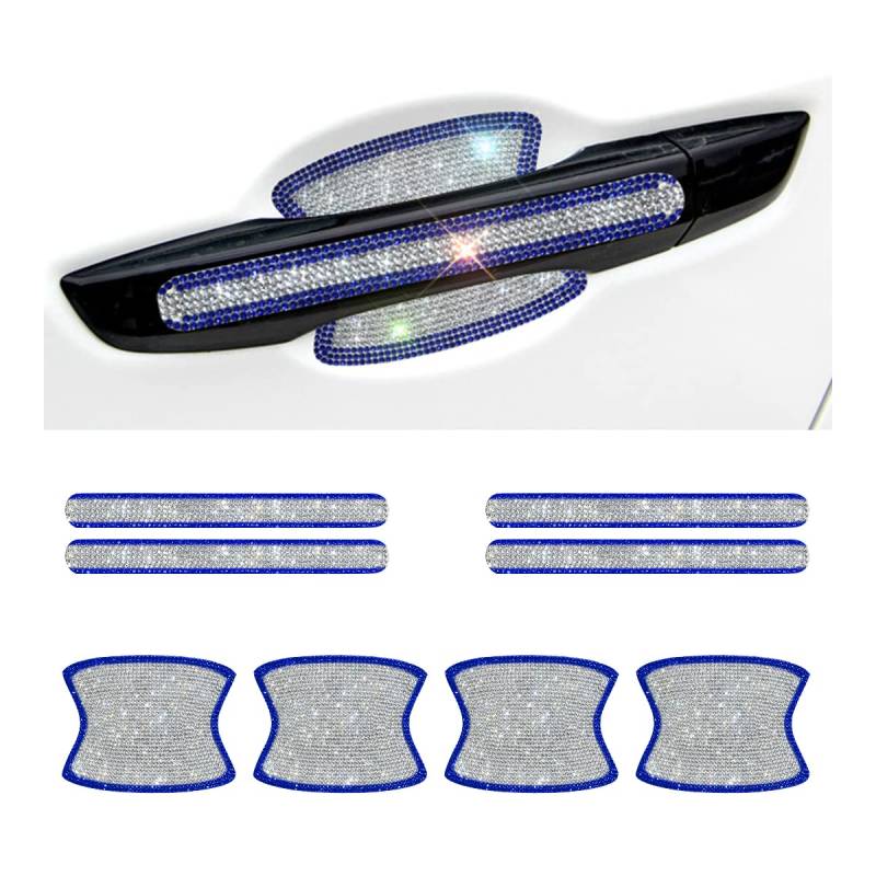 JNNJ 8 Stück Auto Türgriff Schutzfolie Pad, Universal Auto Strass Bling Glitzer Autotürgriff Kratzschutz Aufkleber, Bling Kristall Dekoration Autozubehör(Blau-Weiß) von JNNJ