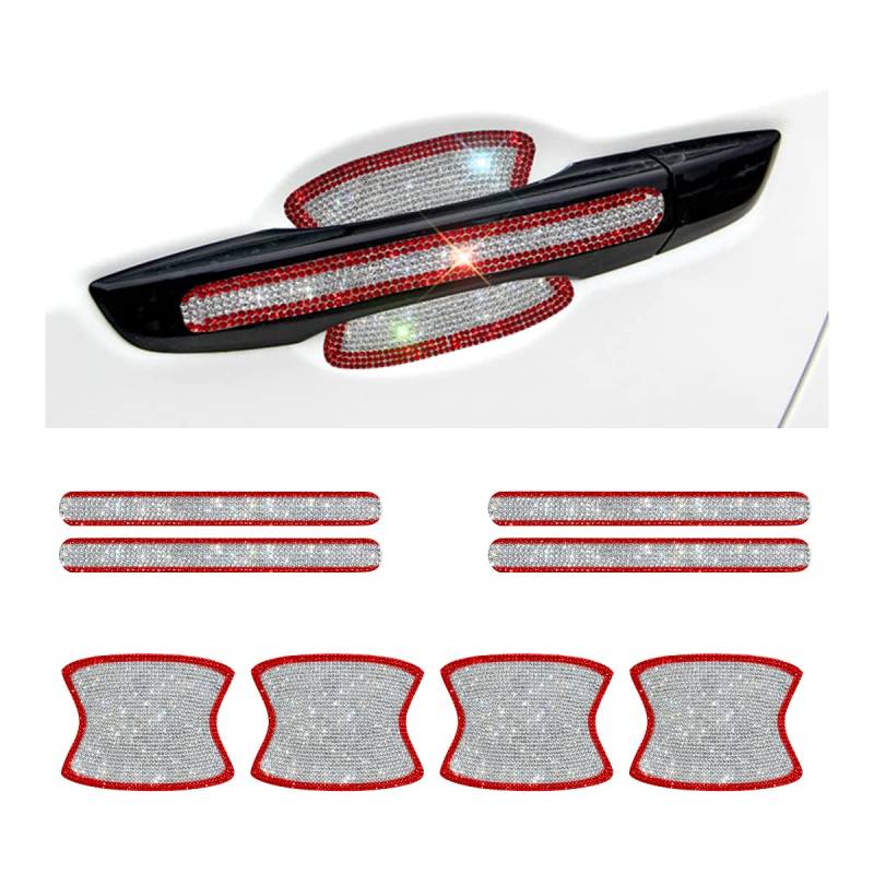 JNNJ 8 Stück Auto Türgriff Schutzfolie Pad, Universal Auto Strass Bling Glitzer Autotürgriff Kratzschutz Aufkleber, Bling Kristall Dekoration Autozubehör(Rot-Weiß) von JNNJ