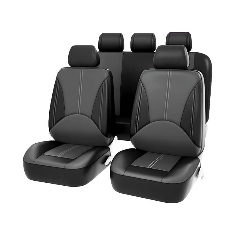 JNNJ 9 Stück Autositzbezüge Set Leder, Auto Schonbezug Autositz für Vordersitze und Rücksitze Auto Zubehör Innenraum, Autoinnenausstattung Schwarzer für Auto Autositzbezug Komplettset(Schwarz Grau) von JNNJ