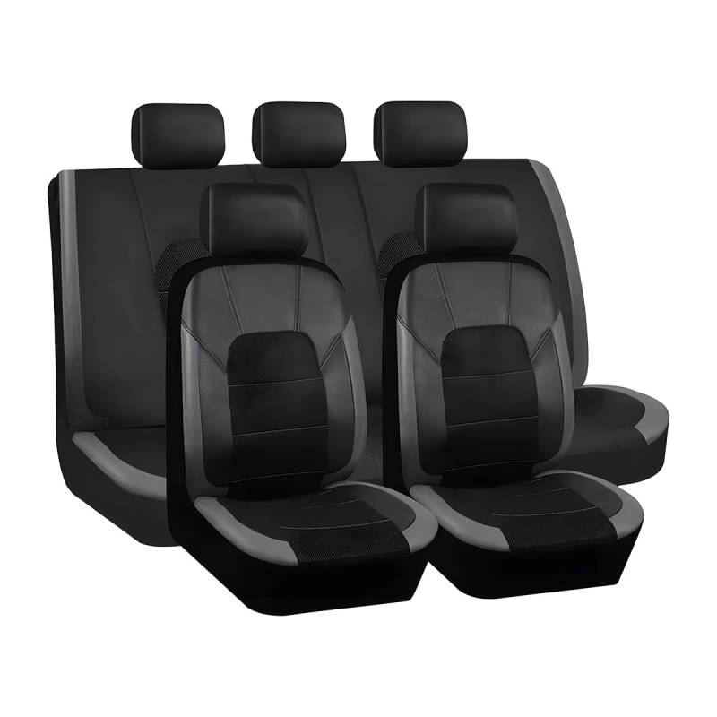 JNNJ 9 Stücke Auto Leder Sitzbezug Sets Atmungsaktiv Wasserdicht rutschfest Sitzschoner, Sitzbezüge Auto Vorne Und Hinten, Auto-Schonbezüge Set Fit Für SUV, Leder Autositzbezüge Universal(Grau) von JNNJ