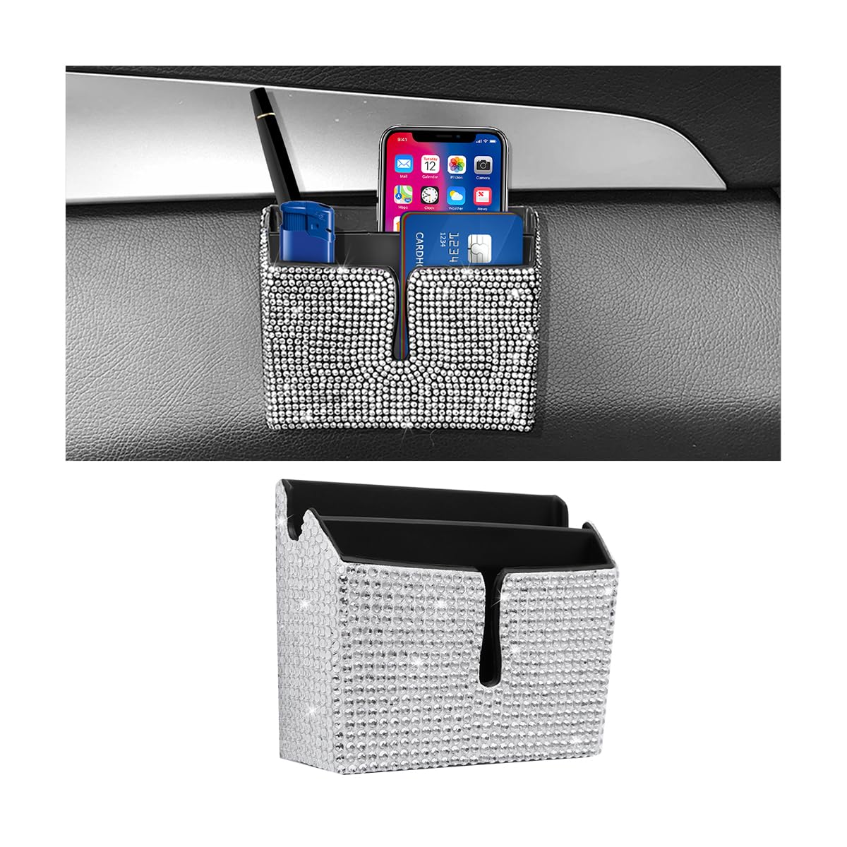 JNNJ Auto Luftauslass Aufbewahrungsbox für Handy, Strass Autositz Rückenlehnen Aufbewahrungsbox, Selbstklebende Multifunktionale Aufbewahrungstasche für Handys, Brillen, Stifte(Weiß) von JNNJ