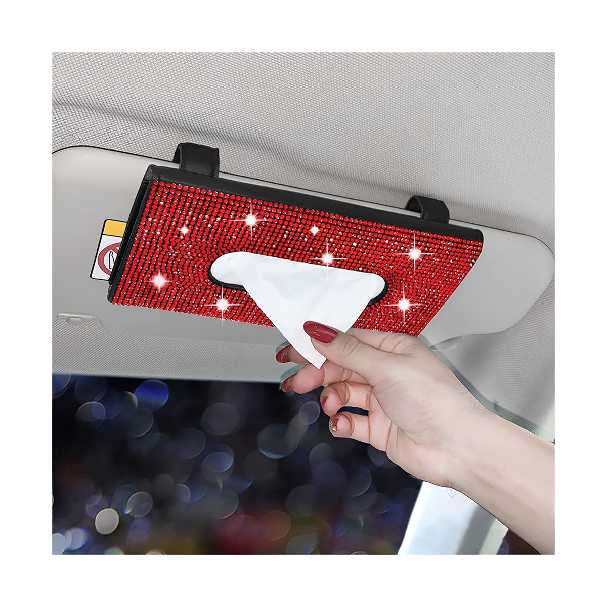 JNNJ Bling Auto Tissue Holder Halter, Auto Taschentuchbox Glitzer, Bling Taschentuchbox für Sonnenblende, Crystal PU Leather Car Sun Visor Cosmetic Tissue Box(Rot) von JNNJ