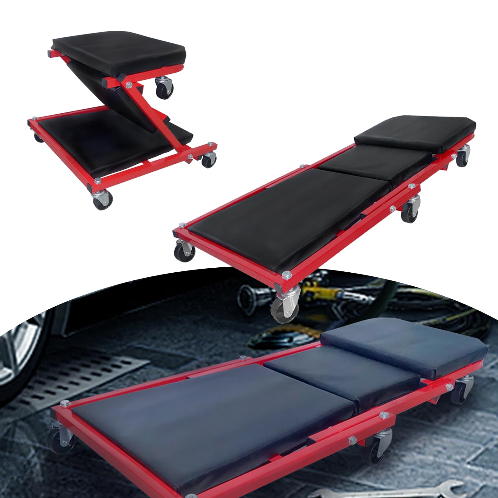 JOIEYOU Werkstatthocker, 2 in 1 Werkstatt Rollbrett, Montage Faltbar Rollsitz, Werkstattliege, mit 6 Lenkrollen mit 360° Drehfunktion, 150 kg Tragkraft, Rot JOIEYOU Werkstatthocker, 2 in 1 Werkstatt Rollbrett, Montage Faltbar Rollsitz, Werkstattliege, mit 6 Lenkrollen mit 360° Drehfunktion, 150 kg Tragkraft, Rot von JOIEYOU