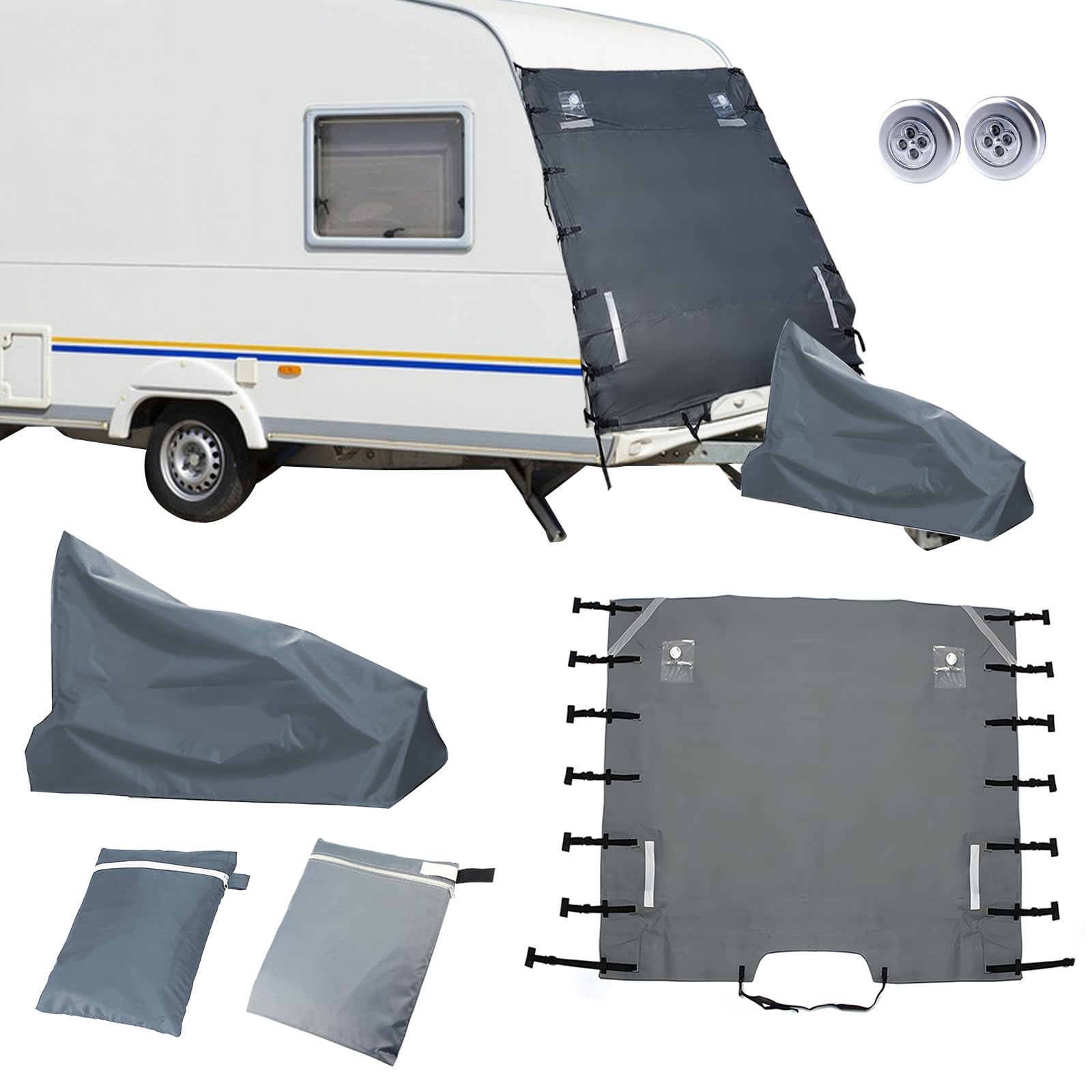 Universal Caravan Front Cover Front Cover Protector Waterproof Breathable Caravan Towing Cover with LED Lights & Reflective Strips (Caravan Front Cover & Deichselabdeckung) von JOJOCY