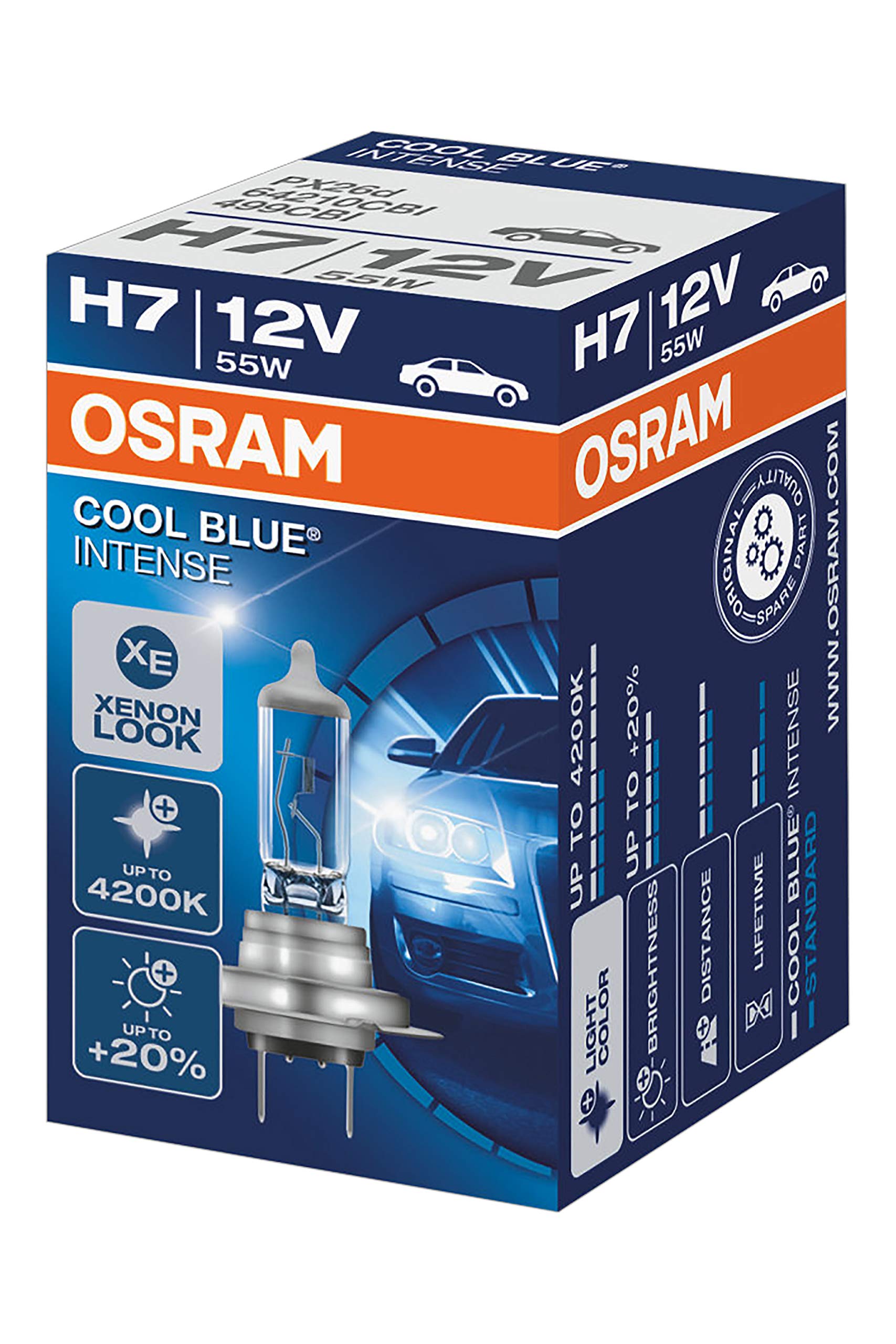 OSRAM COOL BLUE INTENSE H7, Scheinwerferlampe für Halogenscheinwerfer, Xenoneffekt für Weißlicht, 64210CBI, 12-V-Pkw, 1 Faltschachtel (1 Stück) von OSRAM