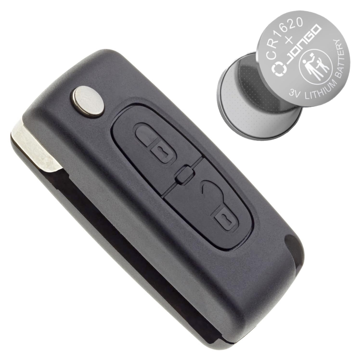 Schutzhülle für Autoschlüssel ohne Schlüsselbart - Kompatibel mit Peugeot 207 307 308 407 3008 5008 & Citroën C2 C3 C4 C5 C6 C8 | CE0536 | Mit 1x Maxell-CR1620-Batterie von JONGO