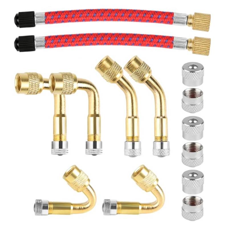 Ventilverlängerung Autoventil Set, 2 Stück 120mm Ventilverlängerung, Autoventil Adapter 45° 90° 135° Winkelventil, 6 Metall Ventil Verlängerung Fahrradventil Adapter für Auto Motorrad Fahrrad Scooter von JOYIAL