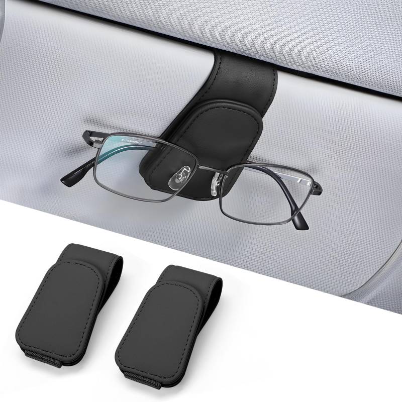 JOYIT 2 Stück Brillenhalter für Auto, Echt Leder Sonnenbrillenhalter Auto, Magnetische Brillenhalterung Auto, Universal Brillenhalter Auto, Ticket-Kartenclip von JOYIT