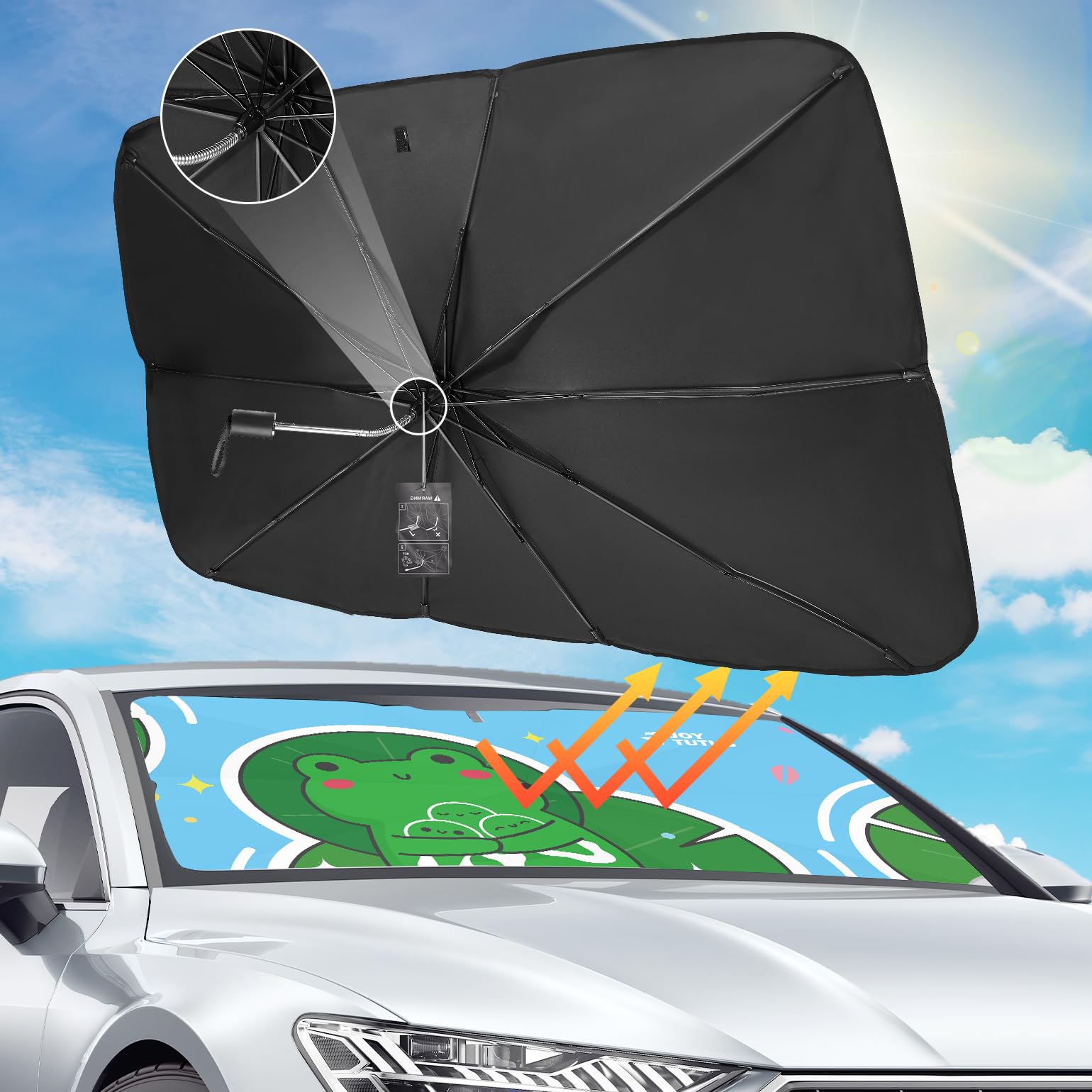 Auto Sonnenschutz Frontscheibe, mit UV-Schutz Sonnenschutz Auto, Sonnenschirm Auto mit Verstellbarer Stange, Auto Sonnenschirm für die Windschutzscheibe, Einfache Lagerung, für die meisten Autos SUVs von JOYTUTUS