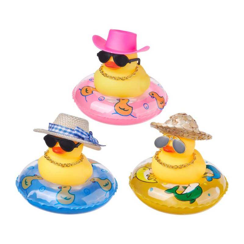 Jscarlife 3 Stück Gummienten-Auto-Ornamente, gelbe Ente, Armaturenbrett-Dekorationen mit Mini-Hut, Schwimmring, Halskette, Sonnenbrille für Weihnachtsdekoration und Zuhause (F) von JSCARLIFE