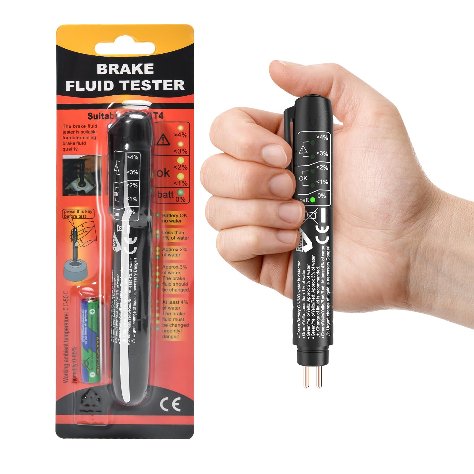 JTENG Bremsflüssigkeitstester Bremsflüssigkeitsprüfer DOT 3/4/5 mit 5 LED für Auto Fahrzeug, Brake Fluid Tester, DOT3, DOT4, DOT5 bremsflüssigkeit Tester von JTENG