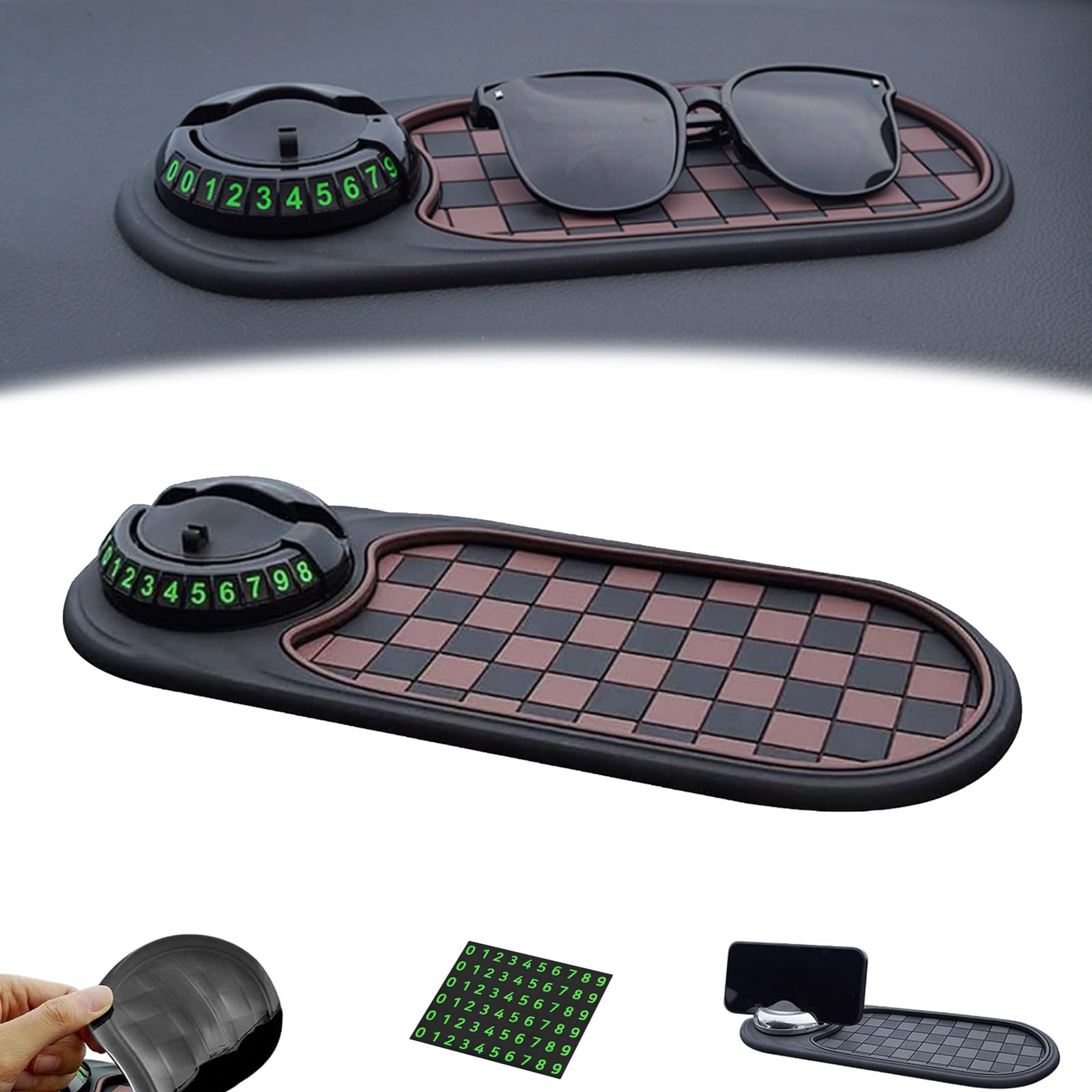 Multifunktionale Anti-Rutschmatte für die Fahrzeugmontage, 4-in-1-Anti-Rutschmatte für das Armaturenbrett – 360° drehbarer Telefonhalter mit temporärer Parknummer, universeller Organizer für (A) von JTYRW