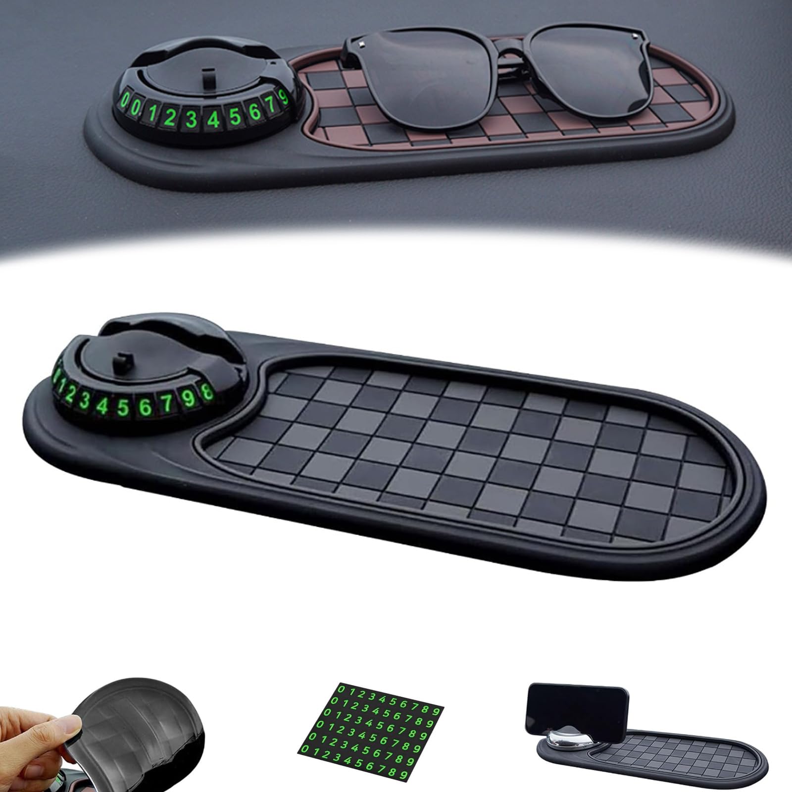 Multifunktionale Anti-Rutschmatte für die Fahrzeugmontage, 4-in-1-Anti-Rutschmatte für das Armaturenbrett – 360° drehbarer Telefonhalter mit temporärer Parknummer, universeller Organizer für (D) von JTYRW