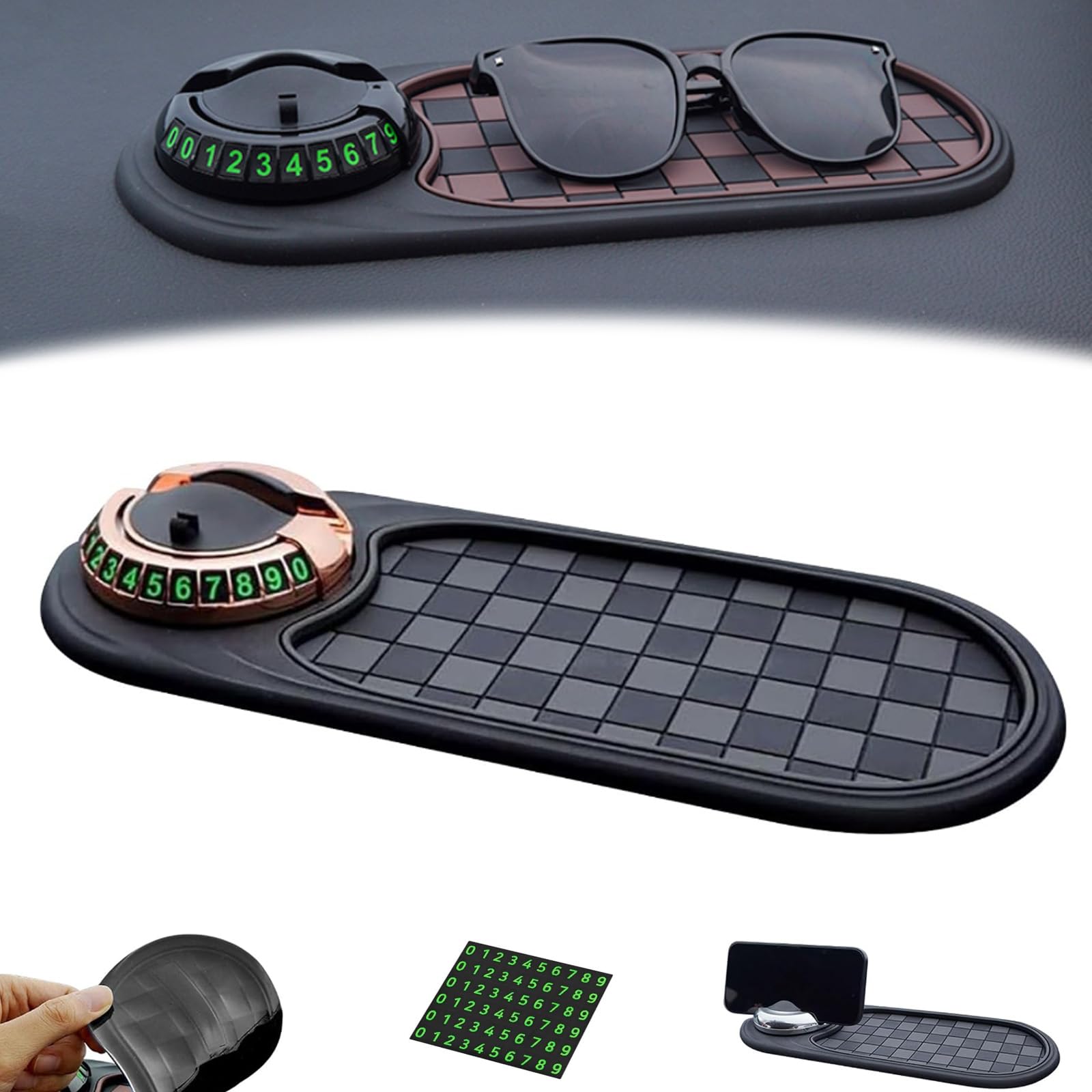 Multifunktionale Anti-Rutschmatte für die Fahrzeugmontage, 4-in-1-Anti-Rutschmatte für das Armaturenbrett – 360° drehbarer Telefonhalter mit temporärer Parknummer, universeller Organizer für (E) von JTYRW