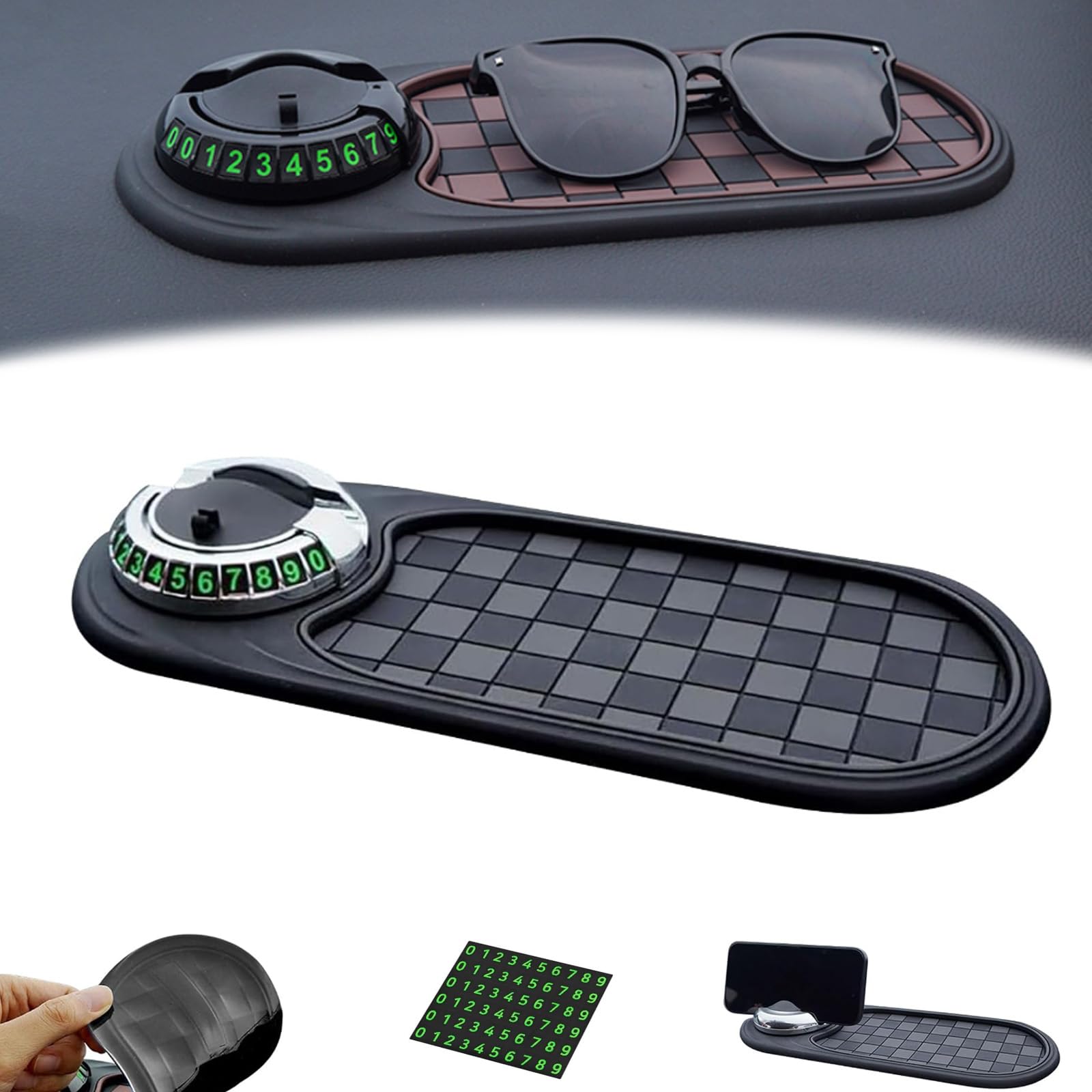 Multifunktionale Anti-Rutschmatte für die Fahrzeugmontage, 4-in-1-Anti-Rutschmatte für das Armaturenbrett – 360° drehbarer Telefonhalter mit temporärer Parknummer, universeller Organizer für (F) von JTYRW