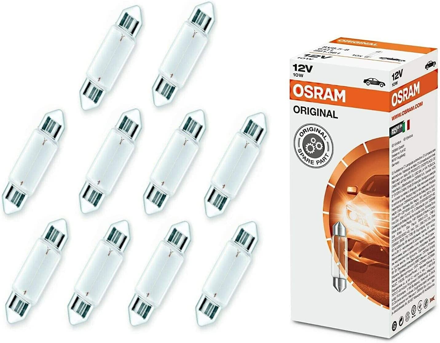 10x Osra.m C10W 41mm 12V 6411 Original Innenbeleuchtung - Kofferraum Handschuhfach Kennzeichen Tür Fußraum Leselampen Lizenz - Ersatz Halogen Soffite Lampe E-geprüft von JURMANN