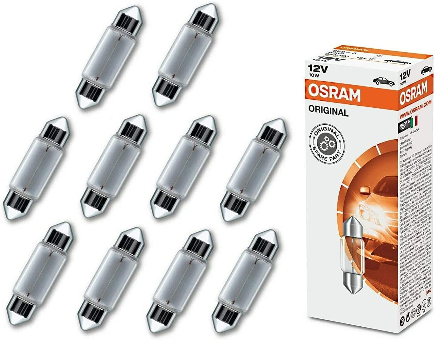 10x Original Osra.m C10W 31mm 12V 6438 Standard Ersatz Halogen Soffitte Lampe für Innenbeleuchtung - Kofferraum Handschuhfach Kennzeichen Tür Fußraum Leselampen Lizenz - E-geprüft von JURMANN