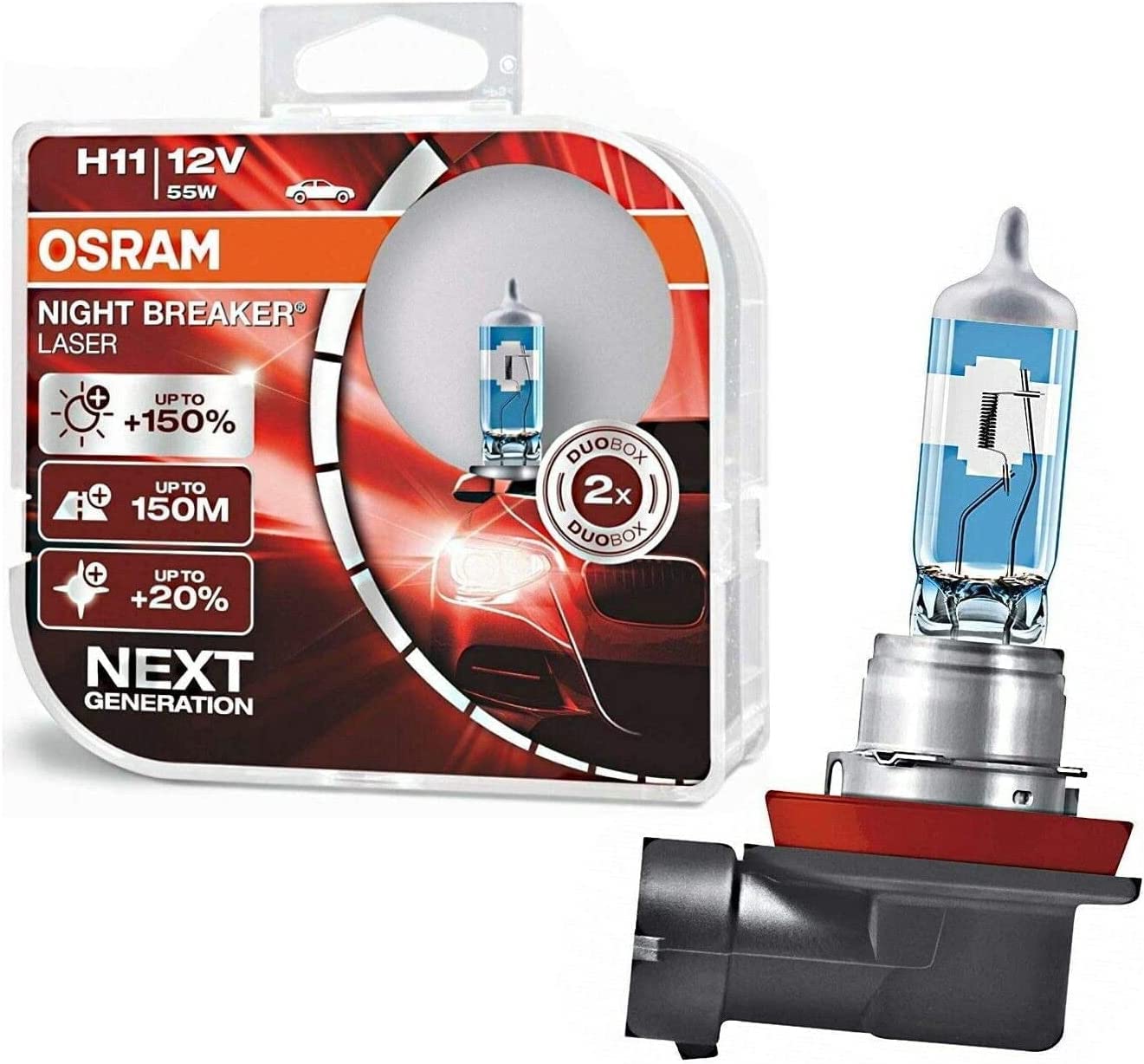 JURMANN 2x Osra.m H11 55W 12V Night Breaker Laser +150% Next Generation 64211NL-HCB hell Weiß Ersatz Halogen Birne für Scheinwerfer, Fernlicht, Abblendlicht - E-geprüft von JURMANN