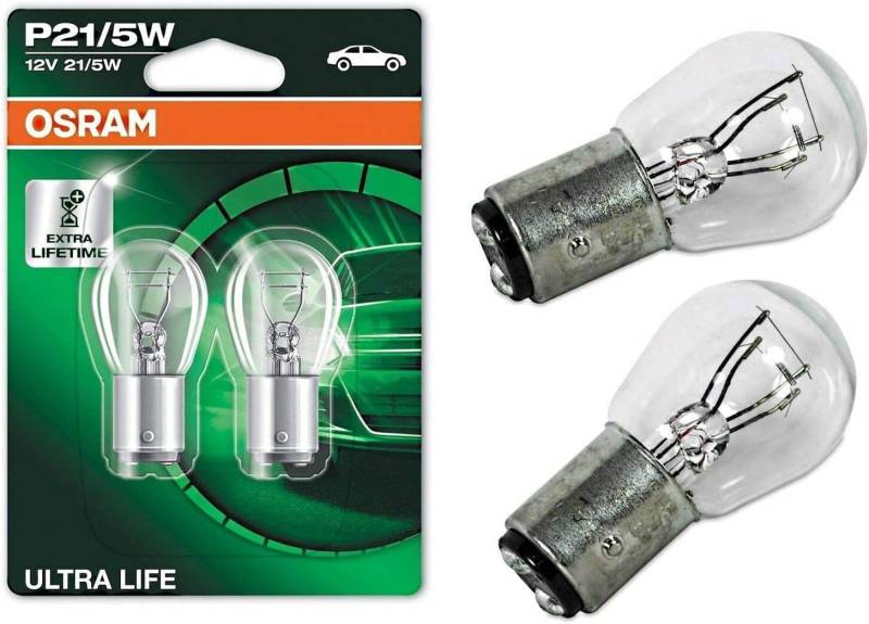 2x Osra.m Ultra Life P21/5W 12V BAY15d 7528ULT-02B Weiß Ersatz Halogen Birne für Parklicht Rückfahrlicht Bremslicht Hecklicht Blinker E-geprüft von JURMANN