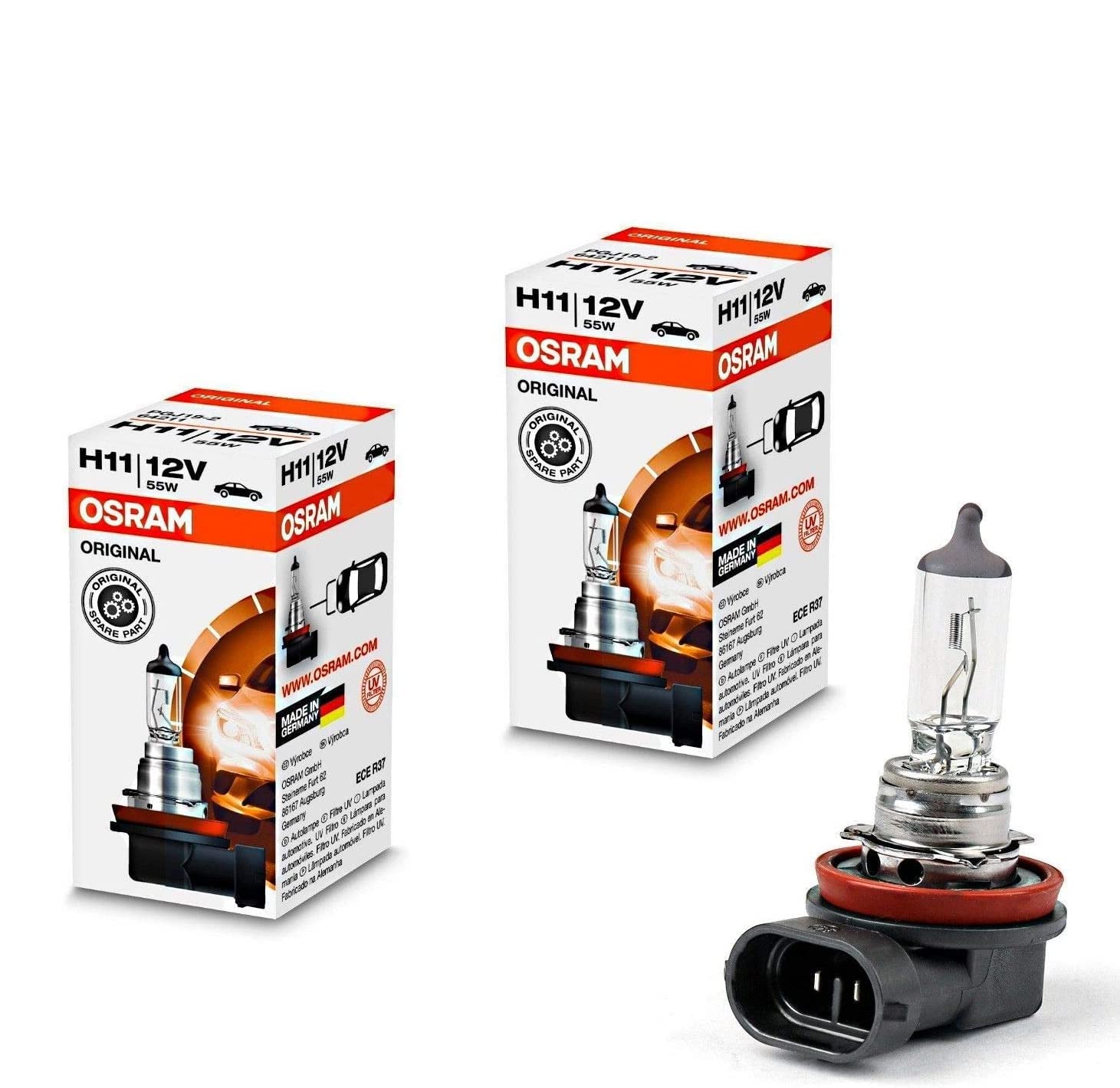 2x Osram H11 55W 12V 64211 Original Weiß Long Life High Tech Ersatz Halogen Birne für Scheinwerfer, Fernlicht, Nebelleuchte vorne - E-geprüft 2x Osram H11 55W 12V 64211 Original Weiß Long Life High Tech Ersatz Halogen Birne für Scheinwerfer, Fernlicht, Nebelleuchte vorne - E-geprüft von JURMANN