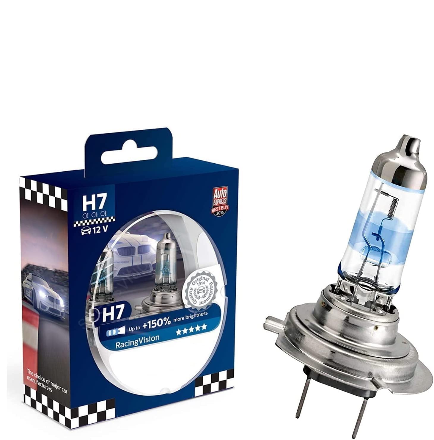 2x Philips H7 55W 12V PX26d 12972RVS2 Racing Vision +150% mehr Helligkeit Intensiv Weiß Ersatz Scheinwerfer Halogen Lampe - E-geprüft von JURMANN