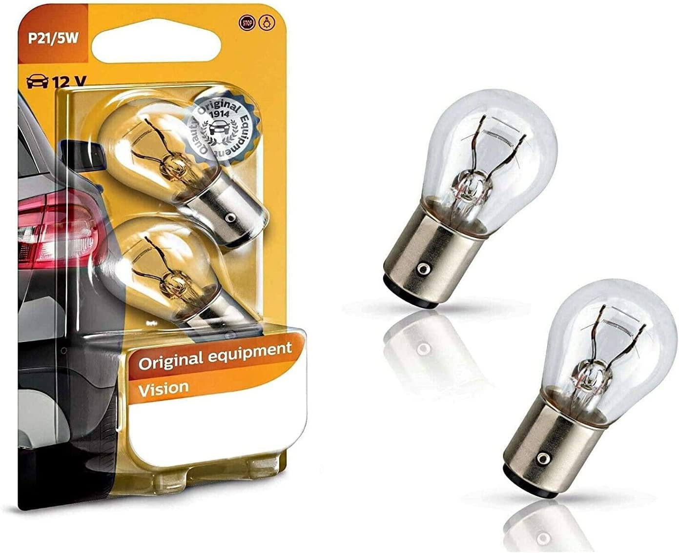 2x Philips Vision P21/5W 12V BAY15d 12499B2 Weiß Ersatz Halogen Birne für Parklicht Rückfahrlicht Bremslicht Hecklicht Blinker E-geprüft von JURMANN