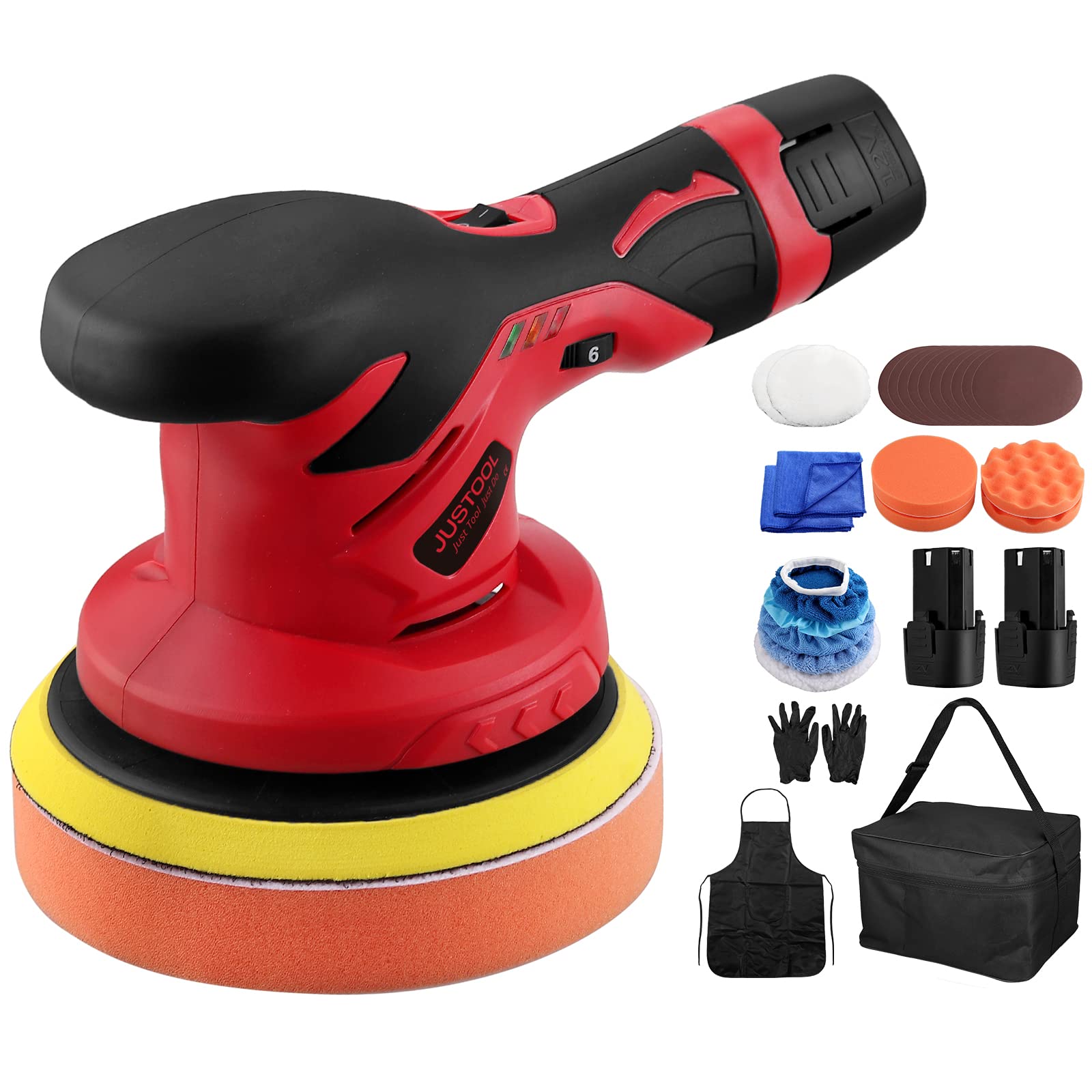 JUSTOOL 6'' Poliermaschine Exzenter Polierer 6 Geschwindigkeit Winkelpolierer Akku Polierer mit 5 Polierschwamm + 2x 2,0A Batterien, Exzenterpolierer zum Polieren von Auto, Boot, Motorrad - 25 in 1 von JUSTOOL