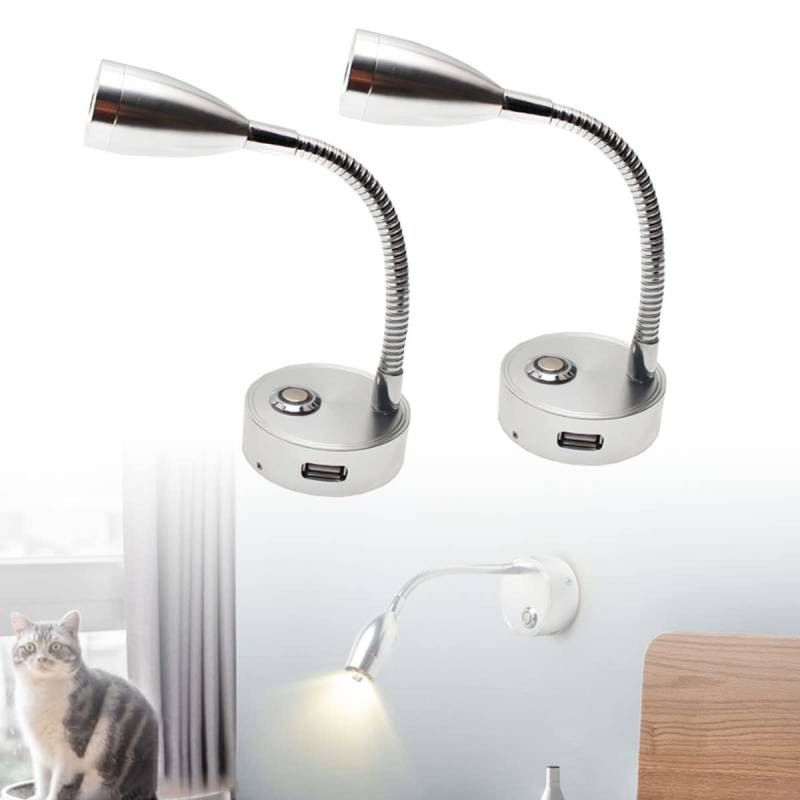 JUTTAUTO 12 V LED-Leselicht mit Push-Dimmschalter und USB-Ladegerät, Wohnmobil-Innenbeleuchtung, flexibler Schwanenhals, neben der Wand, für Wohnmobil, Van, Anhänger, LKW, Wohnmobil (Silber, 2 Stück) von JUTTAUTO
