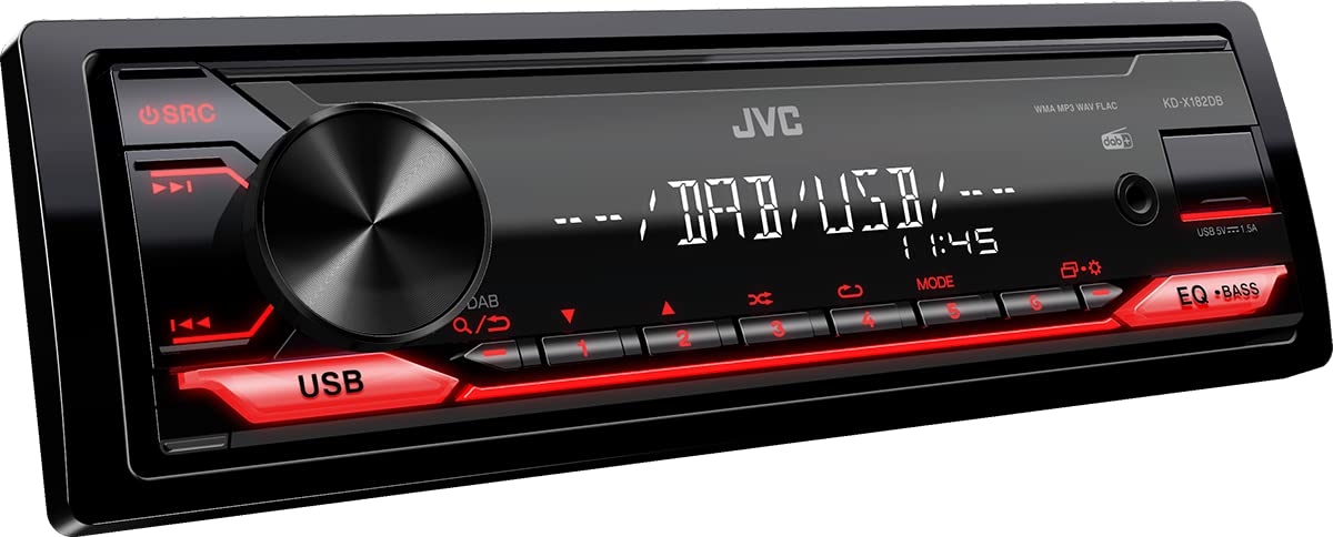 JVC KD-X182DB USB-Autoradio mit DAB+ (USB, AUX-In, 1 x Pre-Out 2,5V, Soundprozessor, 4x50 W, Tastenbeleuchtung rot), Schwarz von JVC