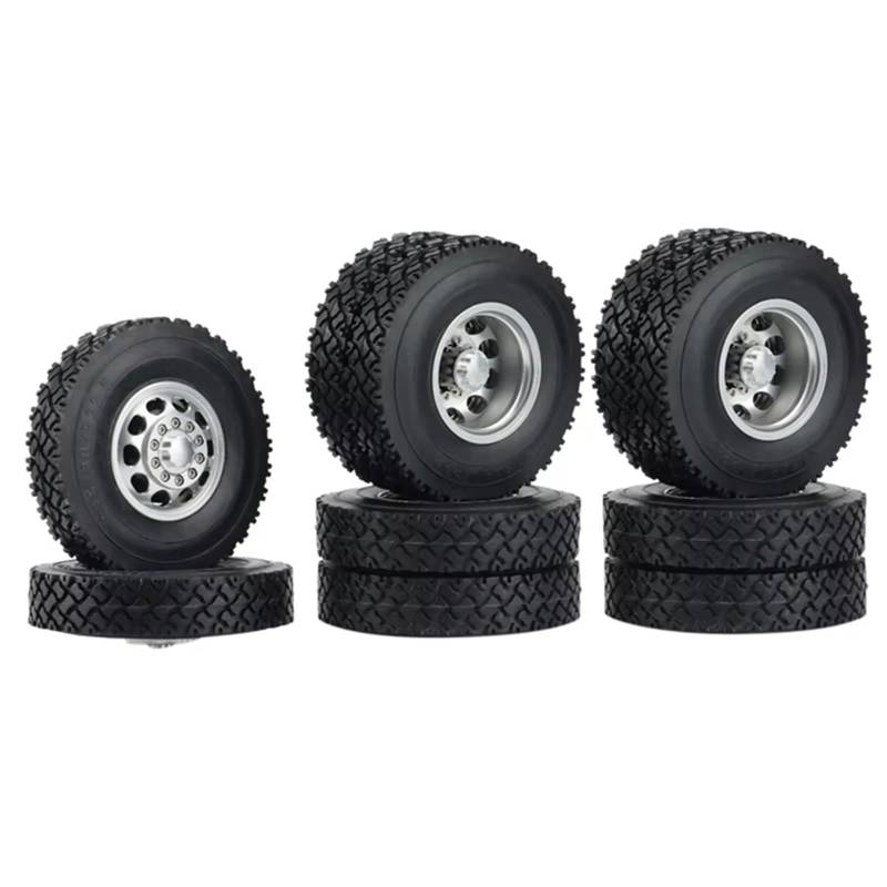 JVRWSC RC Autoreifen Felge Kompatibel Mit Tamiya 1/14 RC Anhänger Traktor LKW Auto 6PCS Metall Vorder- Und Hinterradnabe Gummireifen Radreifen Komplettset von JVRWSC