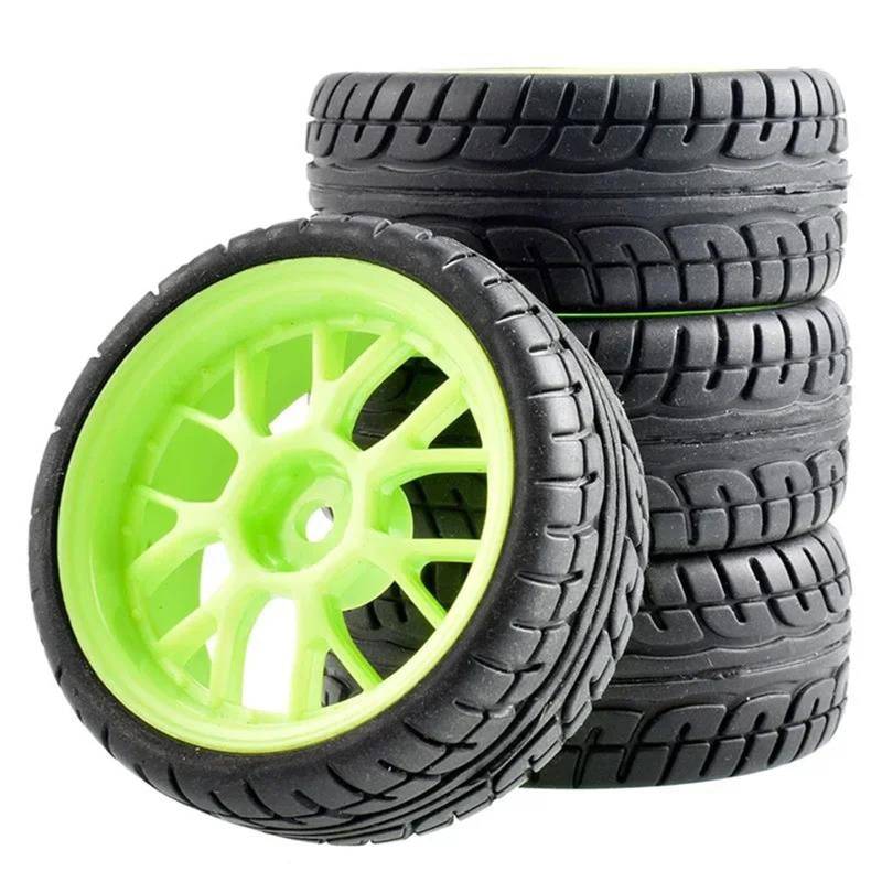JVRWSC RC Autoreifen Felge Kompatibel Mit WLtoys Für 144001 Und 1/18 1/16 1/10 Autoreifen 4er-Pack RC-Auto-Gummireifen Räder Felgen 12-mm-Sechskantnabe RC-Zubehör Gummireifen(Green) von JVRWSC