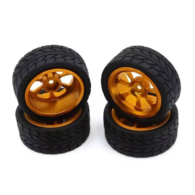 JVRWSC RC Autoreifen Felge Kompatibel Mit Wltoys 144001 144010 124007 124016 124019 A959 A959-B RC Auto-Tuning-Teile 4 Stück 65 Mm Gummireifen Metallfelge 12 Mm Sechskant(Yellow) von JVRWSC