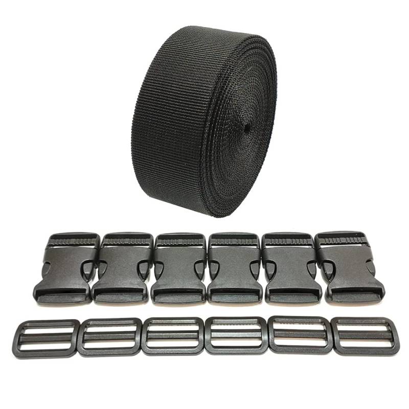 Rucksackband 3 Meter x 20 mm + 12 Kunststoffschnallen, Nylonband mit Druckknöpfen, Rucksackgurt, Gepäckgurt, Koffergurt, (20 mm, Schwarz 332) von JYC CREATIVE