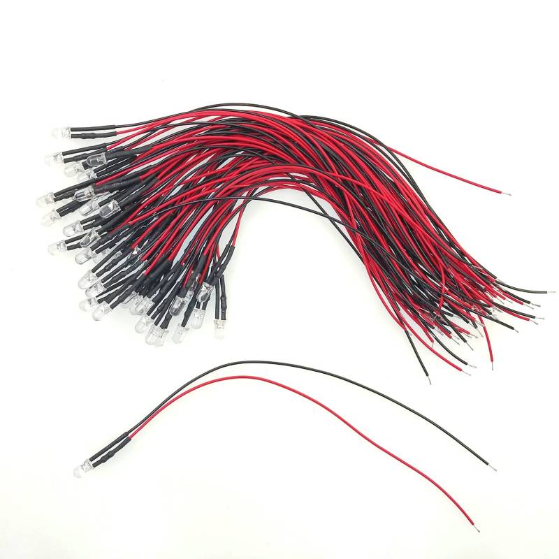 JZK 50 Stück 12V LED Dioden Mit Draht, 5mm Rot, Ultrahelle Leuchtdioden Mit 20cm Kabel von JZK