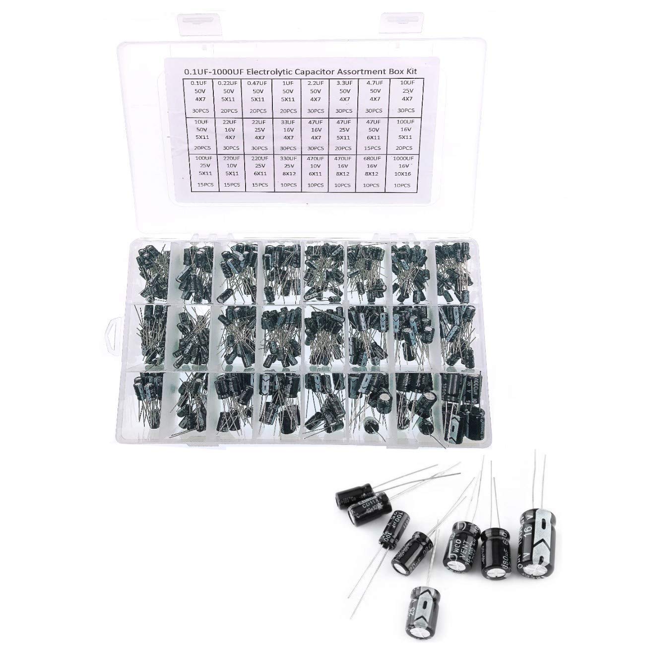 JZK 500 x Sortiment Kit für Elektrolytkondensatoren mit Aufbewahrungsbox, 0.1 uF - 1000 uF 24 Wert Aluminium Radialleitungskondensatoren JZK 500 x Sortiment Kit für Elektrolytkondensatoren mit Aufbewahrungsbox, 0.1 uF - 1000 uF 24 Wert Aluminium Radialleitungskondensatoren von JZK