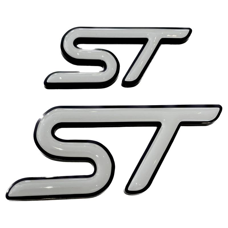 ST 3D Gel-Embleme inklusive Acryluntergrund in Wunschfarbe, passend für Ford Focus Fiesta Puma ST (Untergrund Schwarz, Oberfläche Weiß) von Jackplott