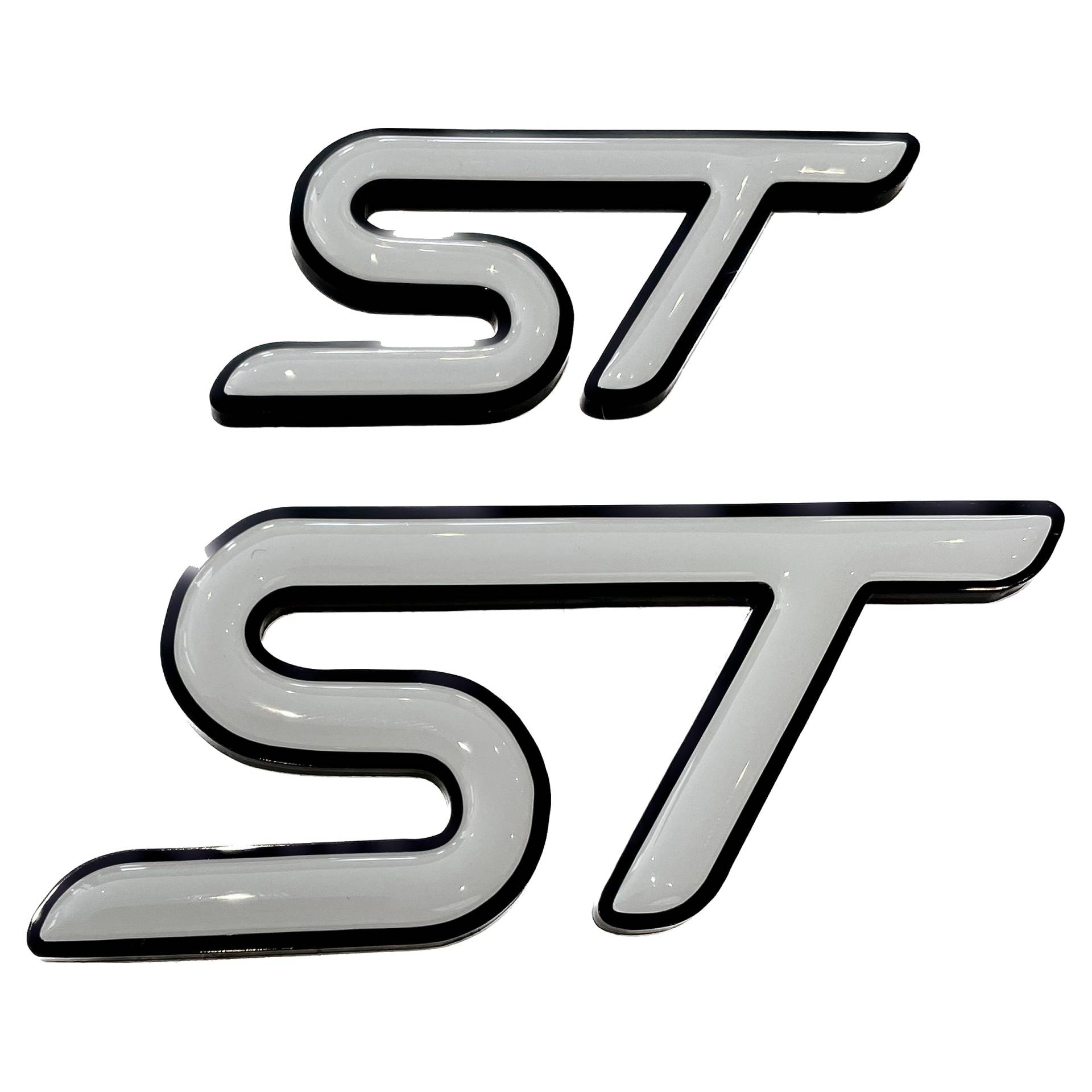 ST 3D Gel-Embleme inklusive Acryluntergrund in Wunschfarbe, passend für Ford Focus Fiesta Puma ST (Untergrund Weiß, Oberfläche Weiß) von Jackplott